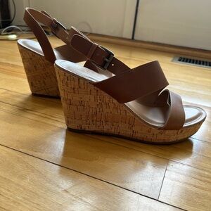 Franco Sarto Brown Cork Wedge Sandals with Ankle Strap
